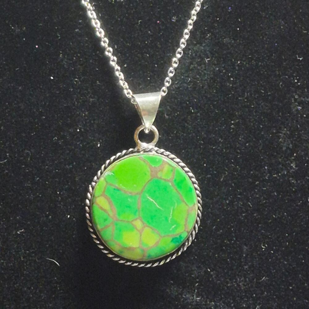 Green Cotton Candy Turquoise Pendant, Hand Set 925 Silver, Free 18" SS Chain